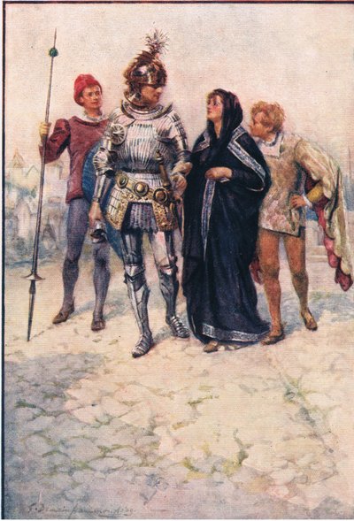 Prinssi Arthur johdattaa Belgen ja hänen poikansa linnaan, Stories from the Faerie Queen, julkaisija George Harrap and Company tekijältä Gertrude E. Demain (after) Hammond