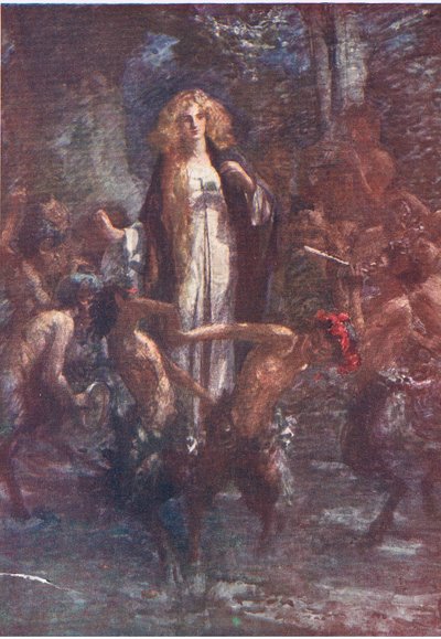 Satyyrit tanssivat hänen ympärillään riemuissaan, Stories from the Faerie Queen, julkaisija George Harrap and Company tekijältä Gertrude E. Demain (after) Hammond