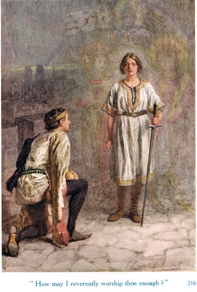 "Kuinka voin kunnioittavasti palvoa sinua tarpeeksi?", kuvitus "Shakespearen tarinoista Englannin kuninkaista", julkaisija George Harrap & Son tekijältä Gertrude E. Demain Hammond