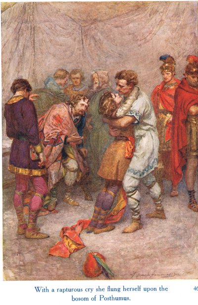 "Ihastuneena huutaen hän heittäytyi Posthumusin povelle", kuva "Shakespearen tarinoista Englannin kuninkaista", julkaisija George Harrap & Son tekijältä Gertrude E. Demain Hammond