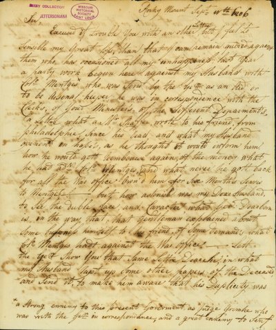 Gertrude Joan Senfin, Rocky Mountin, allekirjoittama kirje Thomas Jeffersonille 11. syyskuuta 1806 tekijältä Gertrude Joan Senf