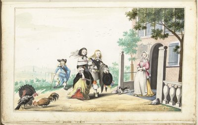 Pariskunta tervehtii naista maalaistalon ovella tekijältä Gesina ter Borch (signed by artist)