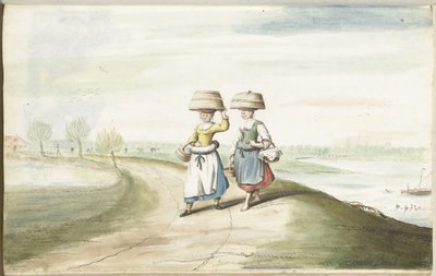 Kaksi talonpoikanaista kävelemässä maisemassa tekijältä Gesina ter Borch (signed by artist)