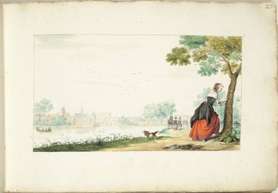 Nainen kaivertaa nimiä puuhun tekijältä Gesina ter Borch (signed by artist)