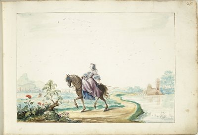 Nainen hevosen selässä maisemassa tekijältä Gesina ter Borch (signed by artist)
