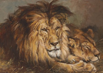 Luonnos elokuvalle "Lion and Lioness Resting", 1899 tekijältä Geza Vastagh