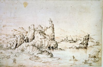 Linna kalliolla vuoristomaisemassa, 1540. tekijältä Gherado Cibo