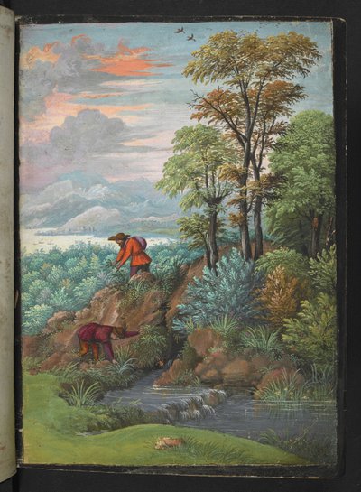 Kaksi miestä etsivät kasveja metsäiseltä alueelta, Gherardo Cibon "Paintings of Flora of the Roman States", Add MS 22333, f006r, c.1564-84 (akvarelli & guassi paperille) tekijältä Gherardo Cibo