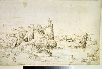 ""Un chateau perche sur une montagne"" (Linna kalliolla vuoristomaisemassa) Gherardo Cibon (1512-1600) piirros ruskealla musteella 1540 Pushkin-museo, Moskova tekijältä Gherardo Cibo
