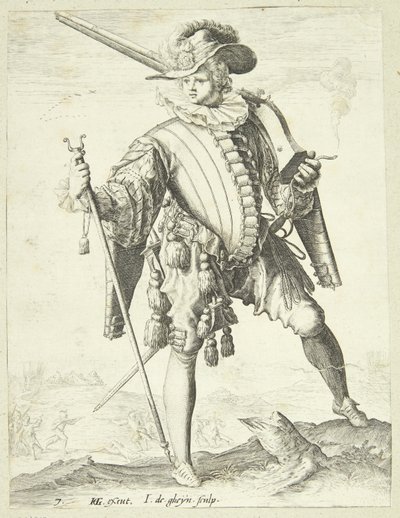 Sotilas leukahihnalla (arquebus) tekijältä Gheyn, Jacques II de