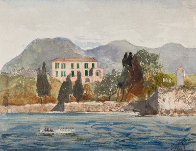 Soutuvene Borbonen lipun kanssa lähestymässä suurta taloa Napolin rannikolla, lisäyksiä ruhtinas Gaetano Maria Federico di Borbone (1846-1871) (lyijykynä, wc ja guassi). tekijältä Giacinto Gigante