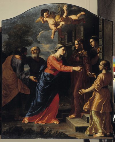 Vierailu. Neitsyt Maria vierailee Elisabethin luona tekijältä Giacinto Gimignani or Gemignano