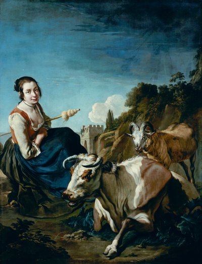 Tyttö lehmän ja lampaiden kanssa kivisessä maisemassa, n. 1700 (öljy kankaalle) tekijältä Giacomo Ceruti