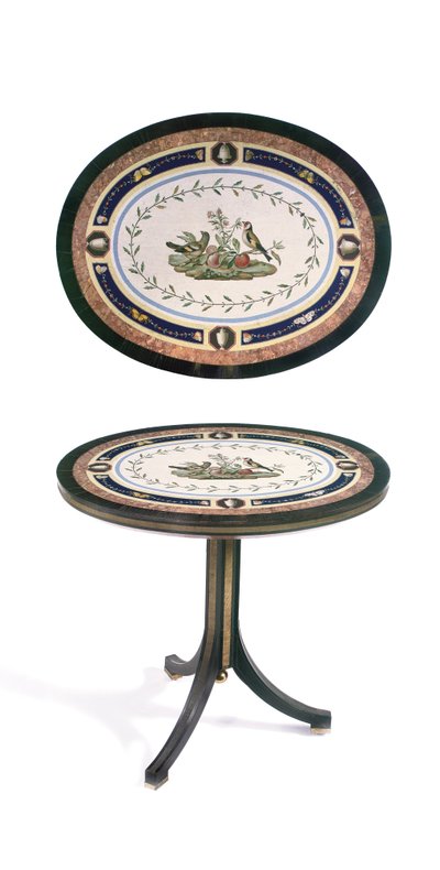 Mikromosaiikkipöytätaso, Rooma, 1700-luvun loppu (mosaiikki, ormoluihin kiinnitetty eebenpuu ja satiinipuu) tekijältä Giacomo (attr. to) Raffaelli