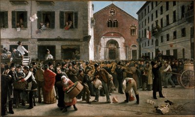 Varainkeruu Corso Garibaldissa Milanossa Veronan lähellä tapahtuneiden tulvien uhreille 24. joulukuuta 1882 (maalaus tekijältä Giacomo Campi
