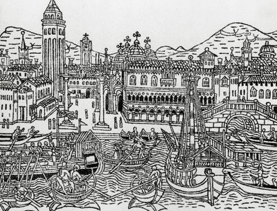 Näkymä Venetsiaan 1400-luvulla, Italia, puupiirros, Giacomo Filippo Forestin (1434-1520) Supplementum chronicarumista tekijältä Giacomo Filippo Foresti