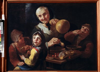 "Talonpojan ateria" (Talonpojan ateria) Vanha talonpoikainen ja kolme lasta aamiaisella keitolla, kirsikoilla ja leivällä. Giacomo Francesco Cipperin (1664-1736) maalaus 1700-luvun taidemuseo Ivan Kramskoy (tai Kramskoi) Voronezhissa (Voronezh), tekijältä Giacomo Francesco Cipper