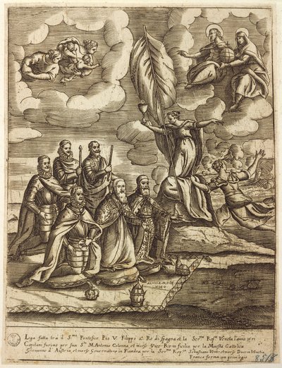 Paavi Pius V:n, espanjalaisen Filippuksen ja Venetsian dogen Alvise Mocenigon laatima allegoria Pyhästä liigasta vuodelta 1571, kaiverrus Giacomo Franco (1556-1620) tekijältä Giacomo Franco