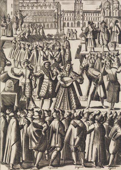 Charlataanien joka päivä tarjoama viihde Piazza di S. Marco al Populolla..., n. 1610. tekijältä Giacomo Franco