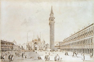 Näkymä Piazza San Marcolle kohti basilikaa ja Campanilea (kynä ja muste pesulla paperille) tekijältä Giacomo Guardi
