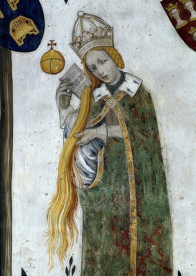 Saluzzon markiisi ja heidän vaimonsa kuvaus historiallisina ja mytologisina sankareina ja sankarittareina. Yksityiskohta: Beatrice Visconti aetiopena, Fredericos I:n vaimo 1418-30 tekijältä Giacomo Jaquerio