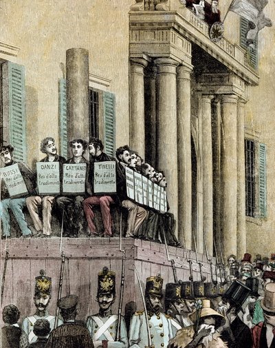 Risorgimento: "" Giovine Italia -liikkeen jäsenet (mukaan lukien Carlo Cattaneo (1801-1869), Tinelli, Danzi, Bussi) istumassa Milanon oikeuspalatsin edessä ja kuuntelemassa tuomiota, joka tuomitsi heidät maanpakoon vuonna 1848"" 1884 Mantegin litografia tekijältä Giacomo Mantegazza