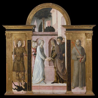 Triptyykki: Vierailu Pyhän Mikaelin ja Pyhän Franciscuksen välillä (maalaus puulle) tekijältä Giacomo Pacchiarotti