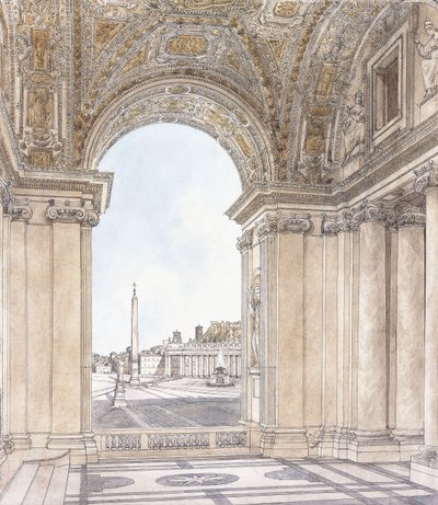 Näkymä Piazza San Pietrolle, Roomalle katsoen etelään basilikan portiosta, ennen vuotta 1779 tekijältä Giacomo Quarenghi