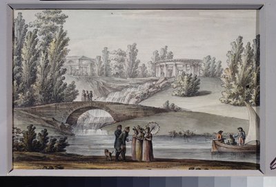 Apollon temppeli ja vesiputous Pavlovsk Parkissa (Pietari). Giacomo Antonio Domenico Quarenghin (1744-1817) työ, tussi ja akvarelli paperille, noin 1800. Italialaista taidetta tekijältä Giacomo Quarenghi