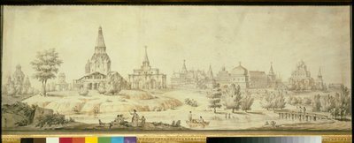 Näkymä Moskovan Kolomenskoje-alueelle, vasemmalla taivaaseenastumisen kirkko - Giacomo Antonio Domenico Quarenghin (1744-1817) teos tekijältä Giacomo Quarenghi