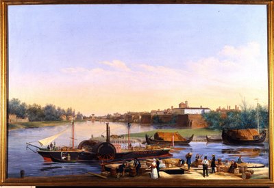 Näkymä Pavian satamasta (Pavia) Po-joella ja höyrylaiva Principessa Clementina””””” Giacomo Trecourtin (1812-1882) maalaus 1800-luku tekijältä Giacomo Trecourt