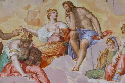 Juno, Jupiter, Cybele pilvien päällä, arkkitehtonisten raunioiden yläpuolella, yksityiskohta Olympuksen huoneesta, n. 1557 (fresko) tekijältä Giambattista Zelotti