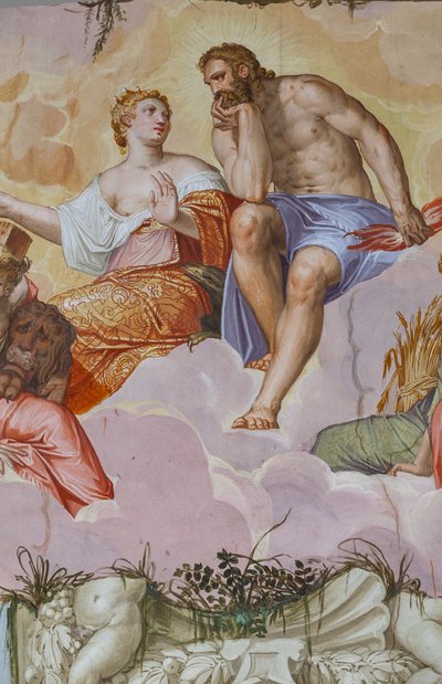 Juno ja Jupiter makaamassa pilvien päällä, arkkitehtonisten raunioiden yläpuolella, yksityiskohta Olympuksen huoneesta, n. 1557 (fresko) tekijältä Giambattista Zelotti