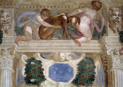 Putti vinttikoiran kanssa, hedelmäpukuja ja maskaroneja tekijältä Giambattista Zelotti