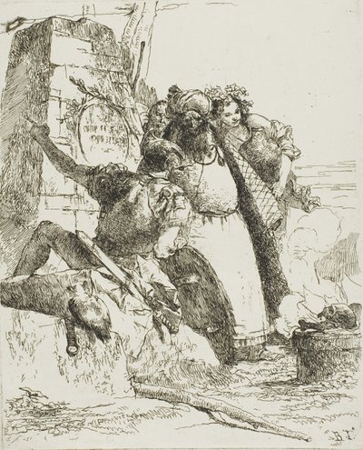 Taikuri, sotilas ja kolme hahmoa katselemassa palavaa pääkalloa, Scherzistä tekijältä Giambattista Tiepolo