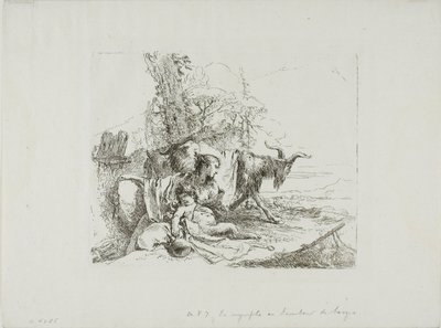 Capriccin nymfi, jossa on pieni satyyri ja kaksi vuohia tekijältä Giambattista Tiepolo