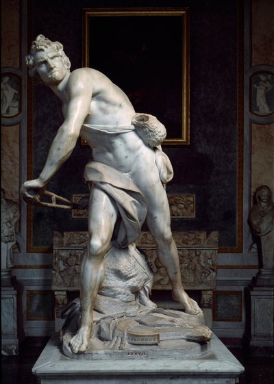 Daavid heittää lingon kiveä Gian Lorenzo Berninin dit Le Berninin (1598-1680) tekemän barokkiveistoksen tekijältä Gian Lorenzo Bernini