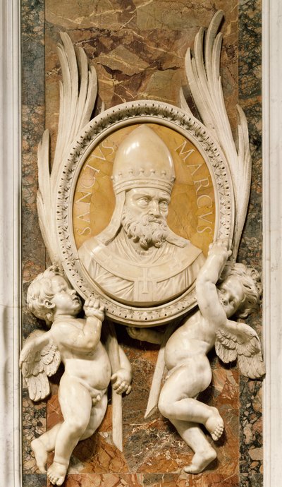 San Marco, Gian Lorenzo Berninin (1598-1680) reliefi, yksityiskohta marmorikuviosta pääkäytävän pilareissa, Pietarinkirkko, Rooma, Vatikaani tekijältä Gian Lorenzo Bernini