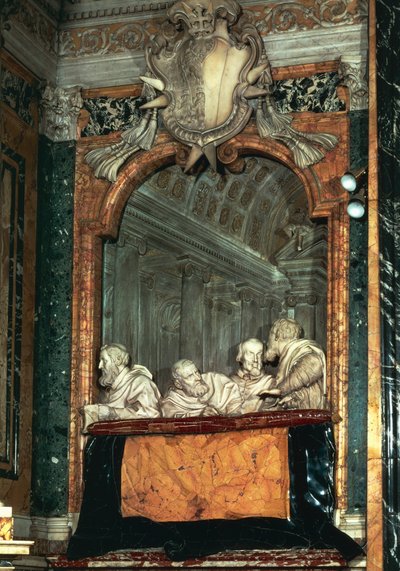 Sivulaatikko Cornaron perheellä, marmoriveistos Gian Lorenzo Berninin koulusta (1598-1680), Cornaron kappeli, Santa Maria della Vittorian kirkko, Rooma, Italia tekijältä Gian Lorenzo Bernini