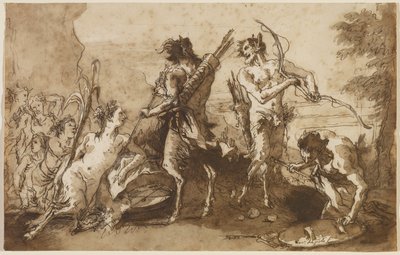 Satyrs and Satyressas in a Landscape, n. 1770 (kynä- ja rautamuste ruskealla ja harmaalla pesuaineella paperille) tekijältä Giovanni Domenico Tiepolo