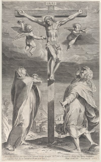 Ristiinnaulitseminen Neitsyt Marian ja Pyhän Johannes Evankelistan kanssa, enkelit yläpuolella, n. 1593, n. 1593 tekijältä Gijsbert Van Veen