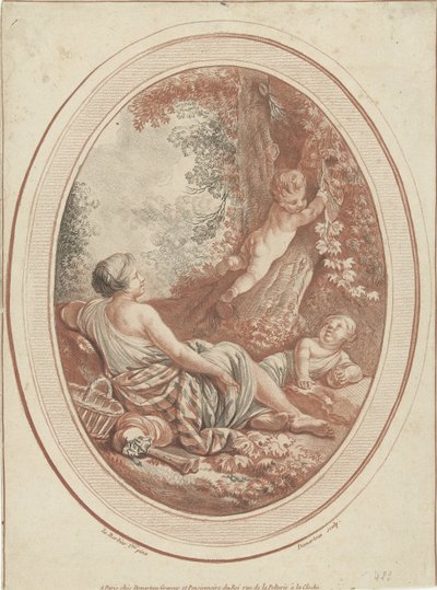 Bacchanal nymfi ja putti lähellä puita tekijältä Gilles Demarteau