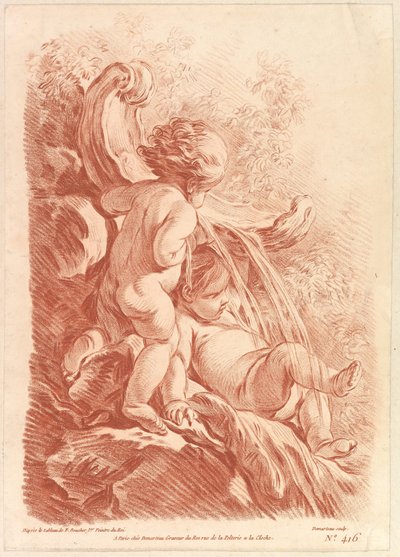 Suihkulähde kahdella Cupidolla, n. 1773. tekijältä Gilles Demarteau