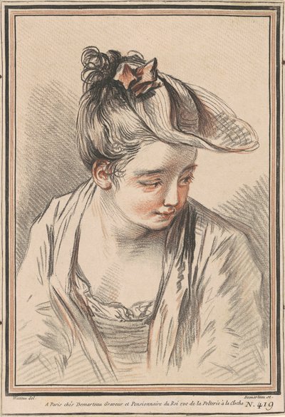Nuoren naisen pää, jolla on hattu tekijältä Gilles Demarteau the Elder after Antoine Watteau