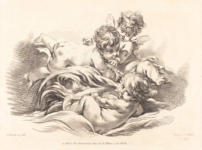 Kolme kerubia leikkimässä Dolphin Like Wavella tekijältä Gilles Demarteau, the Elder after François Boucher