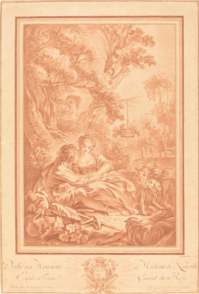 Kaksi rakastajaa istuvat suuren puun juurella kahden tytön yllättämänä tekijältä Gilles Demarteau, the Elder after François Boucher