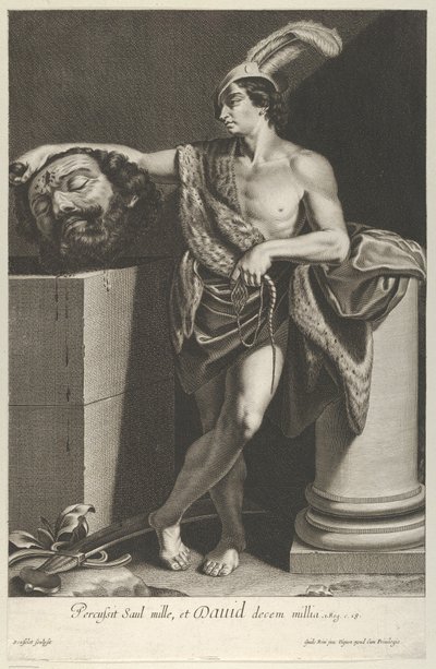 Daavid seisoo jalat ristissä ja pitelee Goljatin päätä jalustalla l..., n. 1635-45. tekijältä Gilles Rousselet