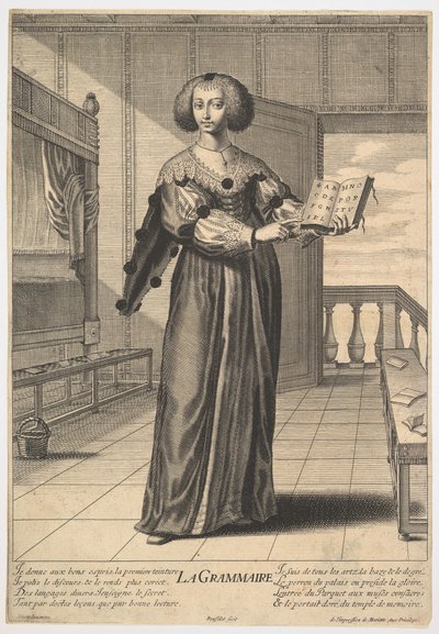 Kielioppi: nuori nainen, joka seisoo sisustetussa sisustuksessa, pitelee avointa kirjaa vasemmassa..., 1633-35. tekijältä Gilles Rousselet