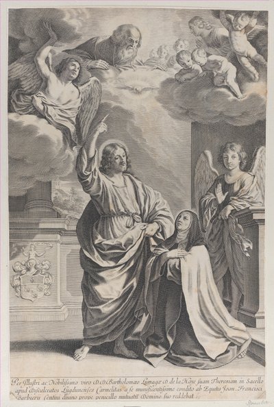Pyhä Teresa rukoilee Kristuksen rinnalla, joka osoittaa ylöspäin Isä Jumalaa ja ..., 1635-1700. tekijältä Gilles Rousselet