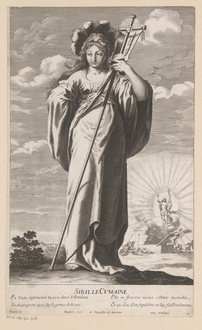 Cumaen sibylla, taustalla Kristuksen ylösnousemus Sibyl Cumaine (otsikko esineessä) Sibylit (sarjan nimi) Les Sibylles (sarjan nimi) tekijältä Gilles Rousselet